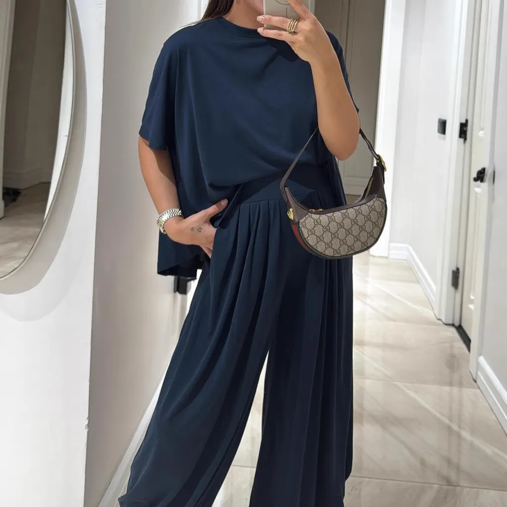 Casual Solid Colour Loose Comfortable Wide-leg Pants Two-piece Women's Clothing - Navy Blue