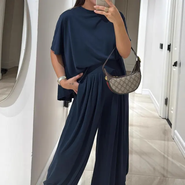 Casual Solid Color Loose Comfortable Wide leg Pants Two piece Women's Clothing Navy Blue - Shop at LoveMi