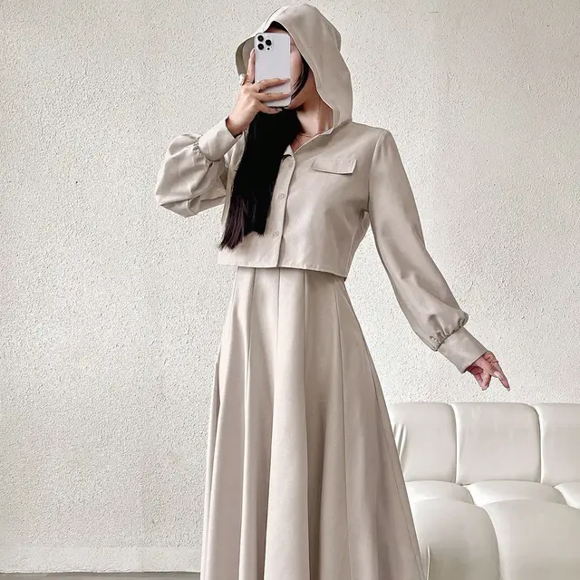 Short Jacket And Sleeveless Dress Set Apricot Beige - Shop at LoveMi