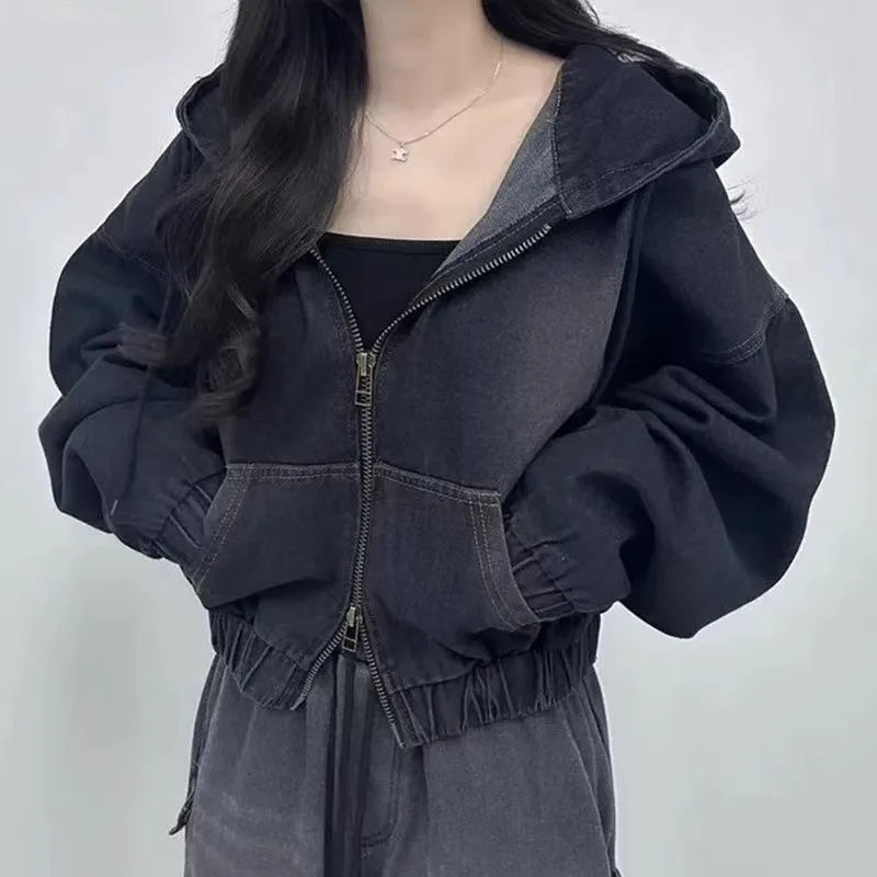 Style Elegant Double Zipper Loose Leisure Short Long Sleeve Hooded Denim Jacket - Black - View 1