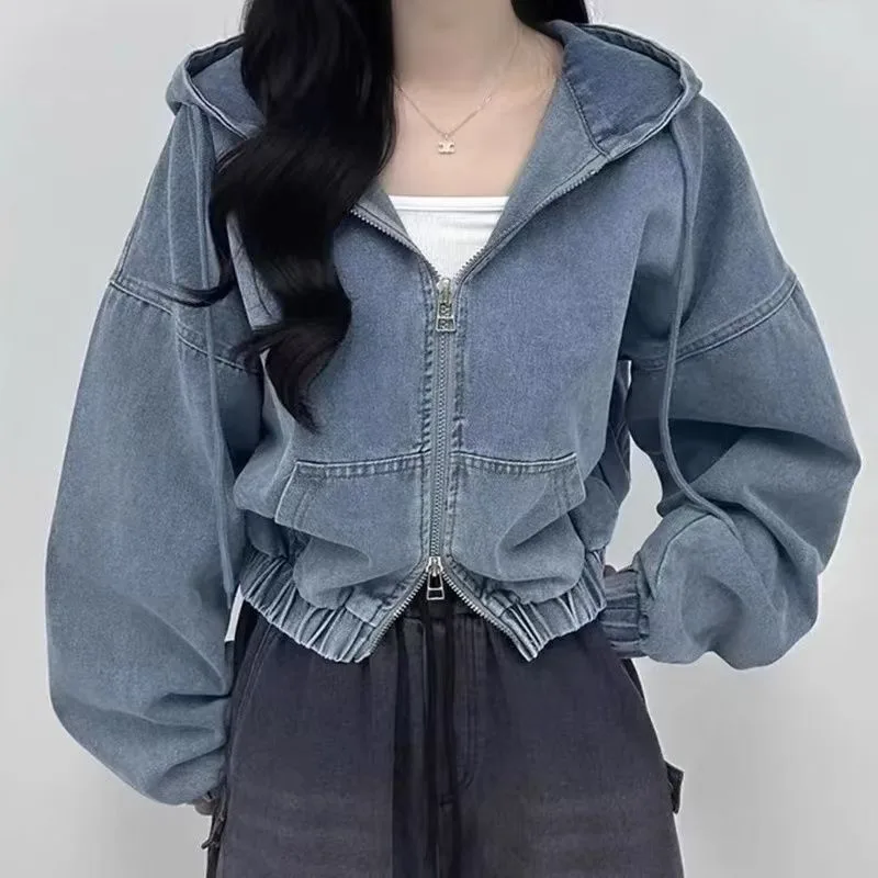 Style Elegant Double Zipper Loose Leisure Short Long Sleeve Hooded Denim Jacket - Blue - View 1