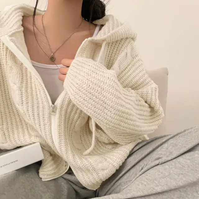 Hooded Long Sleeve Knitted Sweater Cardigan Coat Women Beige - Shop at LoveMi