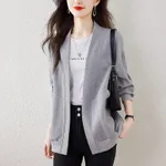 Lazy V-neck Sweatshirt Cardigan Women's Loose Casual Jacket All-matching Drop-shoulder Sleeve - Gray