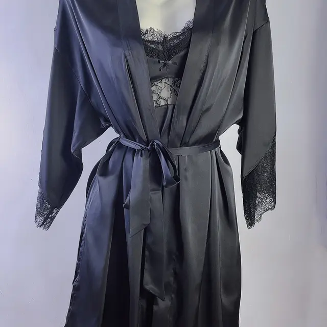 With Chest Pad Ice Silk Sling Nightdress Nightgown Suit Black Robe - Shop at LoveMi