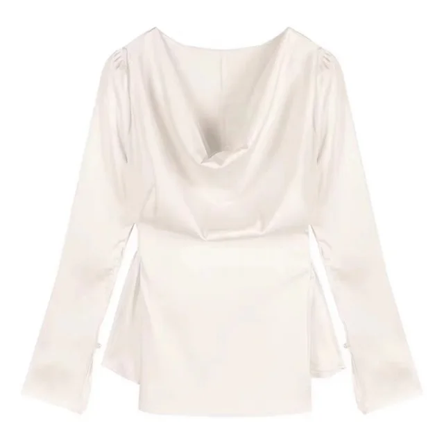 High end Irregular Bell Sleeve Waist tight Graceful Satin Long Sleeve Shirt Silver White - Shop at LoveMi