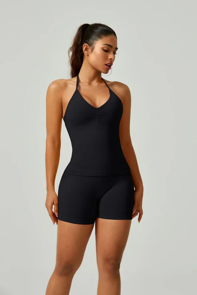 Women's Solid Color Thank You Halter Spaghetti Straps Vest Shorts Set Black - Shop at LoveMi