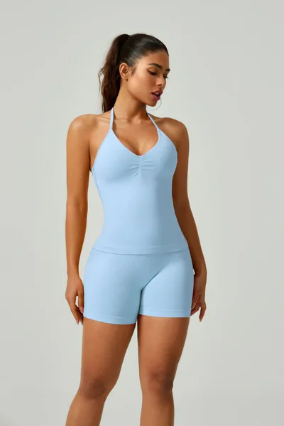 Women's Solid Color Thank You Halter Spaghetti Straps Vest Shorts Set Light Blue - Shop at LoveMi