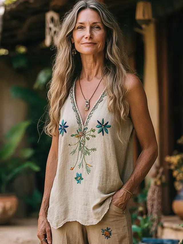 Women's Floral Printed V neck Vest Top A65Kdz195249Lsxbeige - Shop at LoveMi