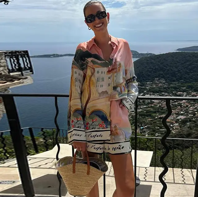 Women's Casual Style Printing Lapel Breasted Shirt Shorts Suit Printed Shorts Suit - Shop at LoveMi