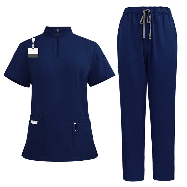 Stand Collar Zipper Hand Washing Suit Nurses' Uniform Work Clothes Suit 42108 Dark Blue - Shop at LoveMi