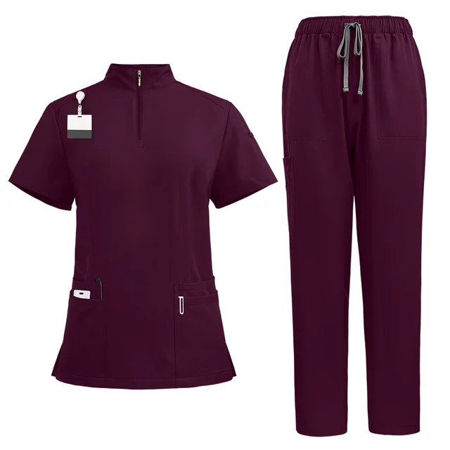 Stand Collar Zipper Hand Washing Suit Nurses' Uniform Work Clothes Suit 42108 Deep Burgundy - Shop at LoveMi