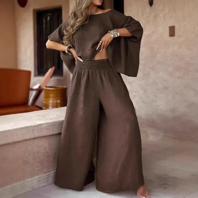Solid Color Loose Round Neck Off the shoulder Women's Summer Suit Dark Brown - Shop at LoveMi