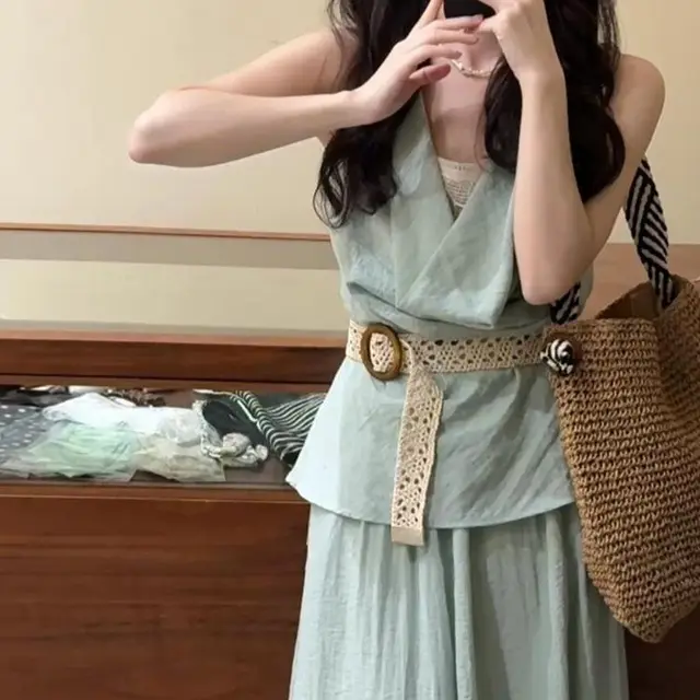 Very Beautiful And Beautiful Tight Waist Vest Dress Mint Green Jacket - Shop at LoveMi