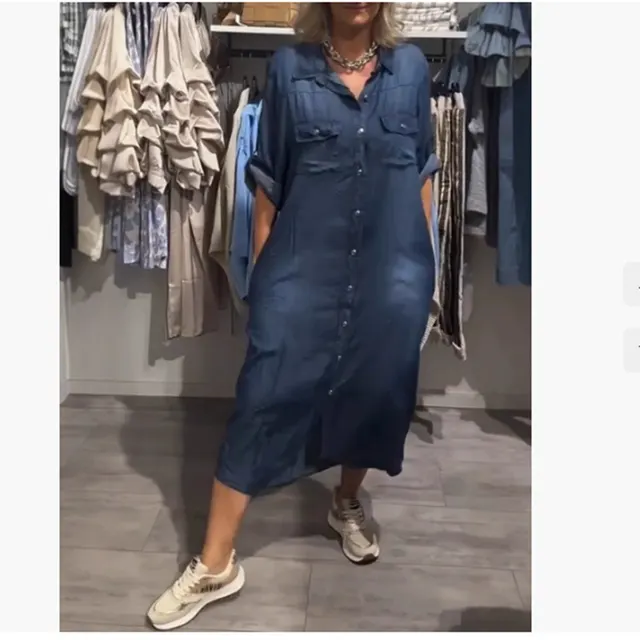 Summer Women's Fashion Casual Single breasted Short Sleeve Dress Dark Blue - Shop at LoveMi