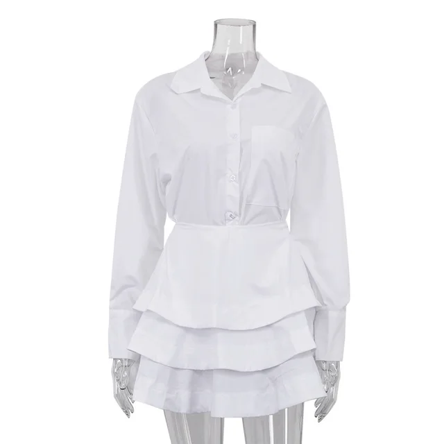 White Lapel Long Sleeve Shirt High Waist Tiered Dress Suit White - Shop at LoveMi