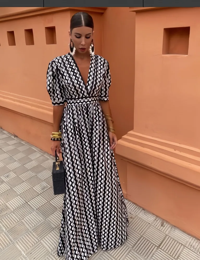 Women's Fashion Vintage Printing Elegant Dress - White - View 1