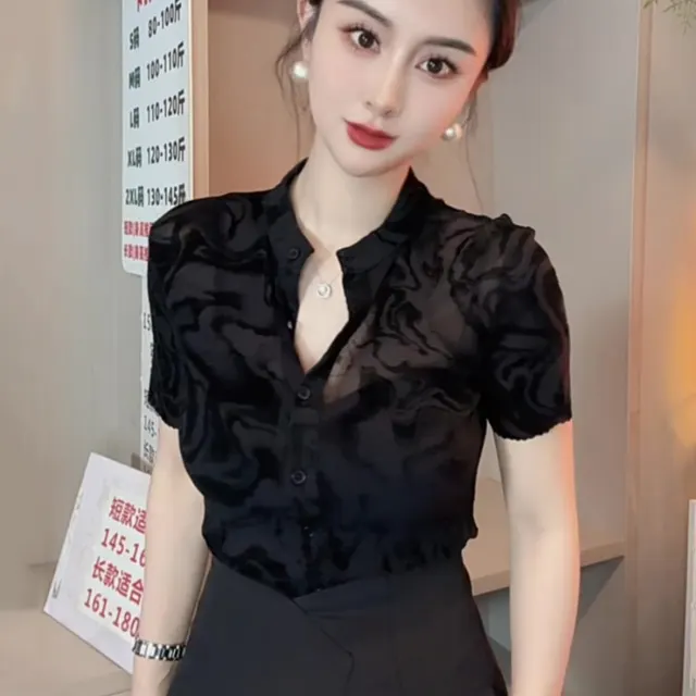 New Summer Black Mesh Short Sleeve Shirt For Women Black - Shop at LoveMi