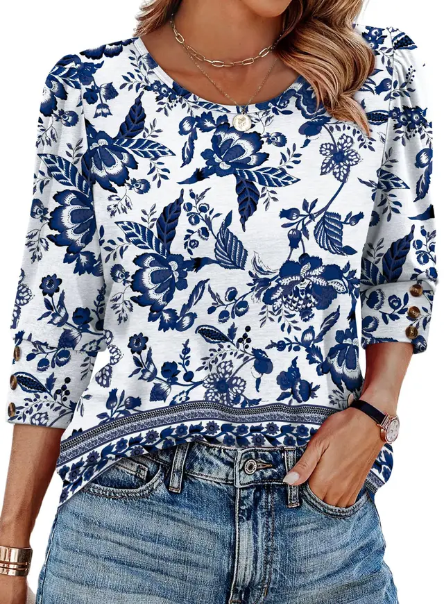 Women's Printed Elegant 34 Sleeves Round Neck T shirt With Buttons Printing 2 - Shop at LoveMi