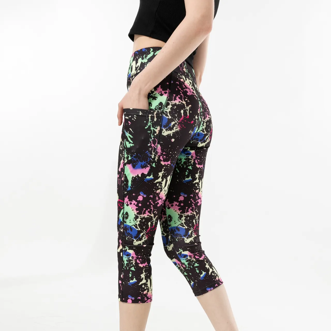 Three-color Water Drop Print Yoga Pants Pocket Cropped Leggings - Tricolor Water Droplets