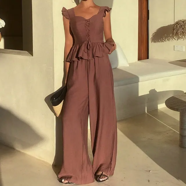 Summer Women's Solid Color Casual 2 piece Set Coffee - Shop at LoveMi