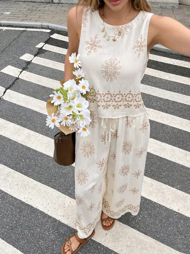 Women's Geometric Printed Tank Top And Pants 2 piece Set 1 Style - Shop at LoveMi