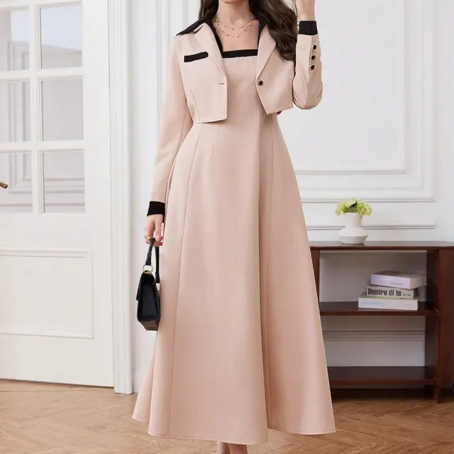 Women's Autumn Color Blocked Round Neck Long Sleeved Jacket And Camisole Skirt Pink - Shop at LoveMi