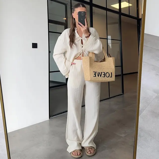 Summer New Solid Color Bow Long Sleeve Shirt Wide Leg Trousers Casual Suit Apricot - Shop at LoveMi