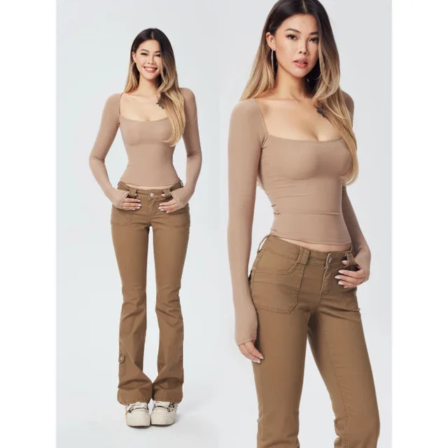 Square cut Collar Low Cut European And American Base Long Sleeve Women Khaki - Shop at LoveMi