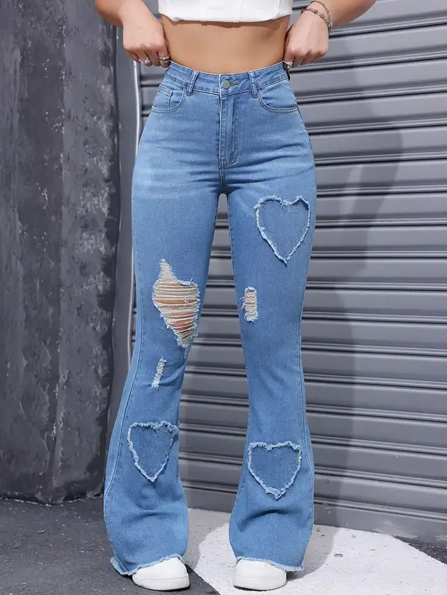 Washed Casual Heart shaped Ripped Stretch Flared Jeans Blue - Shop at LoveMi