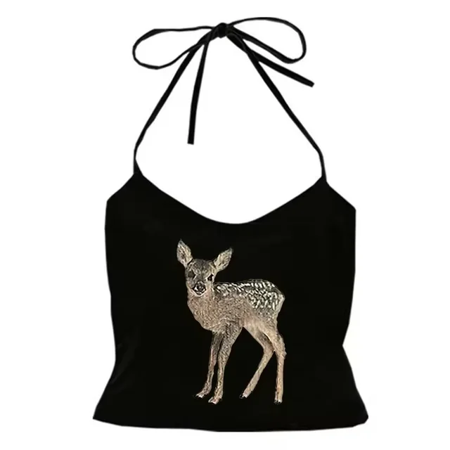 Women's Retro Easy Matching Deer Printed Lace Top Shorts Black Halter Sling - Shop at LoveMi