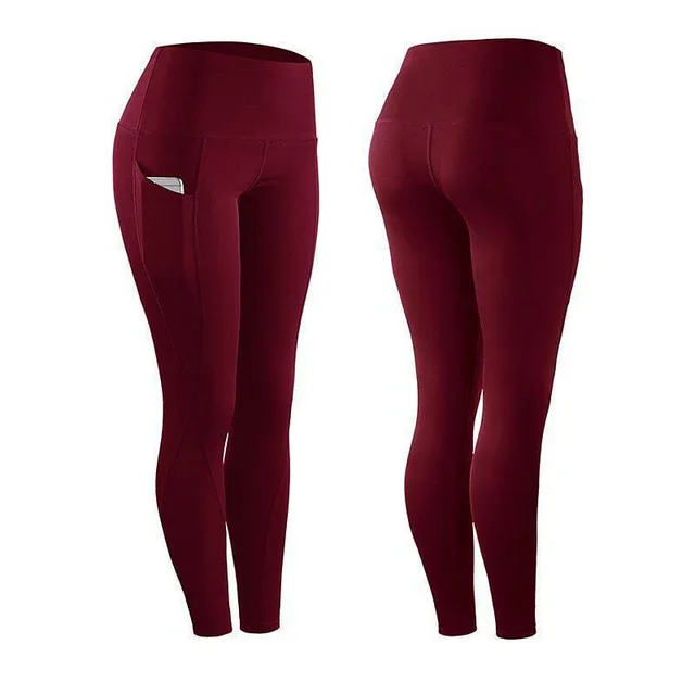 Side Pocket Solid Color High Waist Tight Stretch Sports Leggings Wine Red - Shop at LoveMi