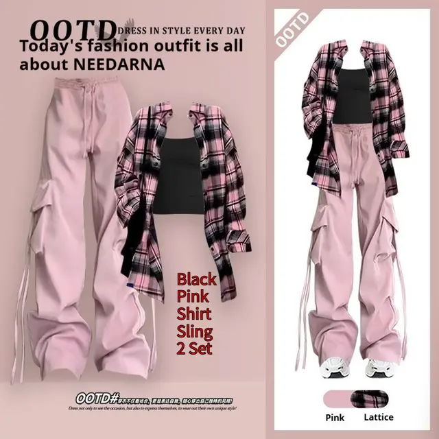 Spring And Autumn Female Drag Cool Suit Black Pink Shirt Sling 2 Set - Shop at LoveMi