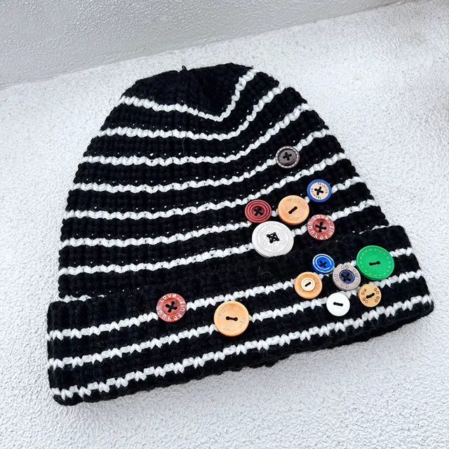Autumn And Winter Buttons Knitted Hat Warm Ear Protection All match And Cute Pile Heap Cap Black - Shop at LoveMi