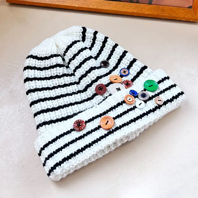 Autumn And Winter Buttons Knitted Hat Warm Ear Protection All match And Cute Pile Heap Cap White - Shop at LoveMi