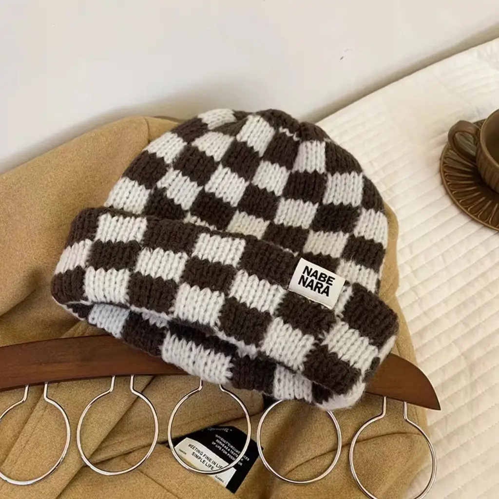 Chessboard Plaid Knitted Hat Women's Autumn And Winter Korean Style - Coffee White Square