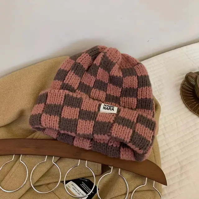 Chessboard Plaid Knitted Hat Women's Autumn And Winter Korean Style Ground Coffee Square - Shop at LoveMi