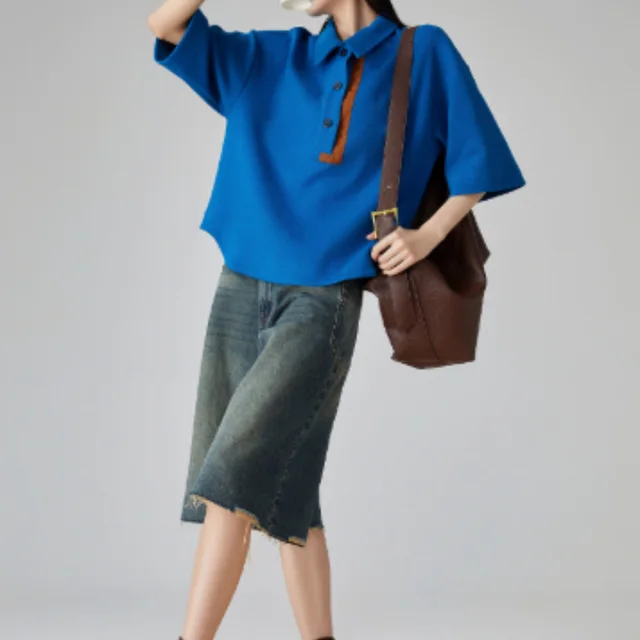 Klein Blue Lapel Contrast Color Pullover T shirt For Women Blue - Shop at LoveMi