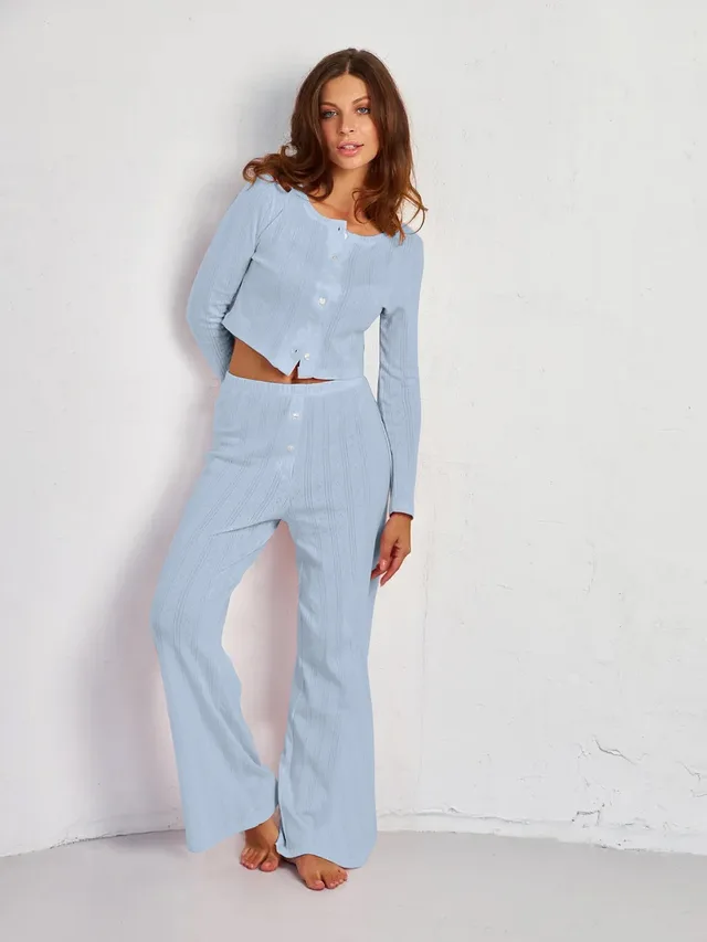 Cropped Knitted Cotton Jacquard Long sleeved Trousers Cardigan Three piece Set Light Blue - Shop at LoveMi