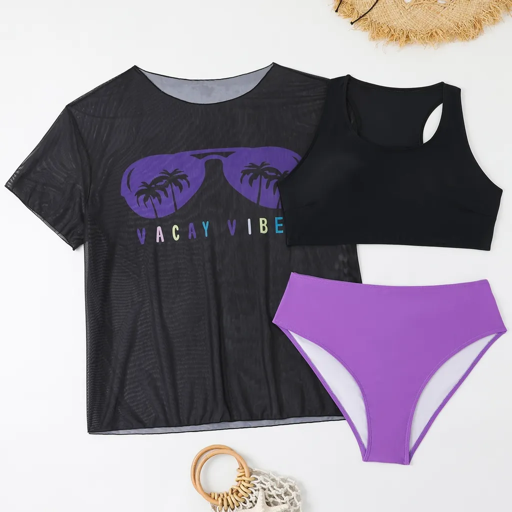 New Swimwear Mesh See-through Blouse Plus Size Swimsuit Bikini Three-piece Set - 2Color - View 1