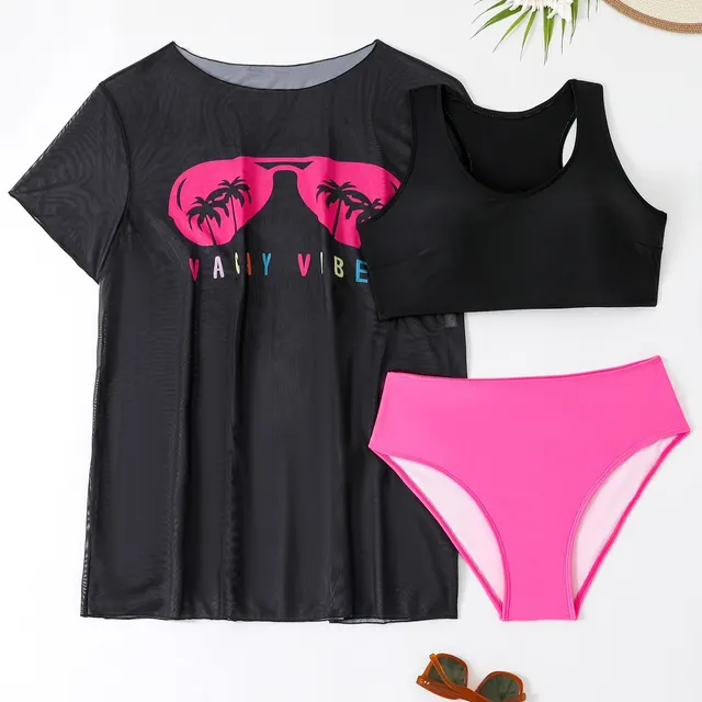 New Swimwear Mesh See through Blouse Plus Size Swimsuit Bikini Three piece Set 5Color - Shop at LoveMi