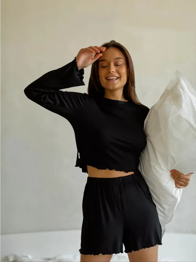 Long Sleeve Shorts Modal Autumn And Winter Round Neck Two piece Homewear Black - Shop at LoveMi