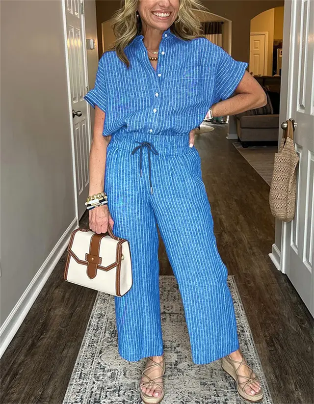 Women's Striped Suit Lapel Short Sleeve Straight Idle Style Trousers Blue - Shop at LoveMi