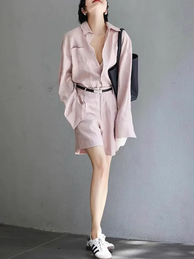 Cotton Linen Linen Top And Shorts Two piece Set For Women Pink Suit - Shop at LoveMi