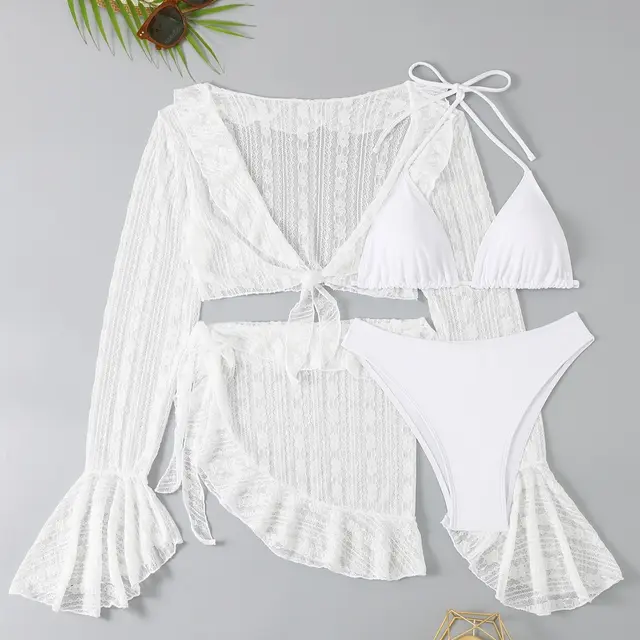 Lace Long Sleeve Cardigan Lace Ruffled Bikini Four piece Suit Swimsuit White - Shop at LoveMi