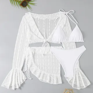 Lace Long Sleeve Cardigan Lace Ruffled Bikini Four-piece Suit Swimsuit - White