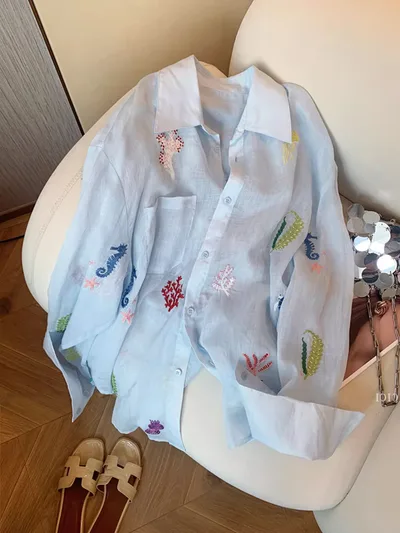 Floral Embroidered Women's Sun Protection Shirt Light Blue - Shop at LoveMi