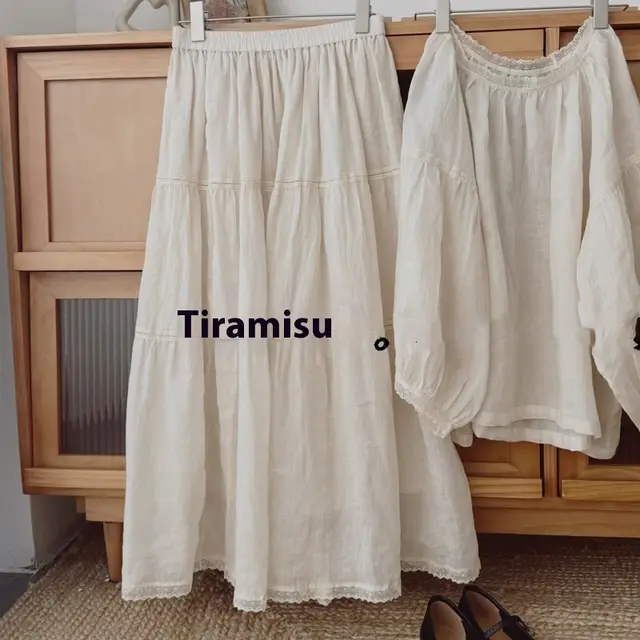 Women's Solid Color Ramie Round Neck Eight Quarter Sleeved Shirt Skirt - Shop at LoveMi