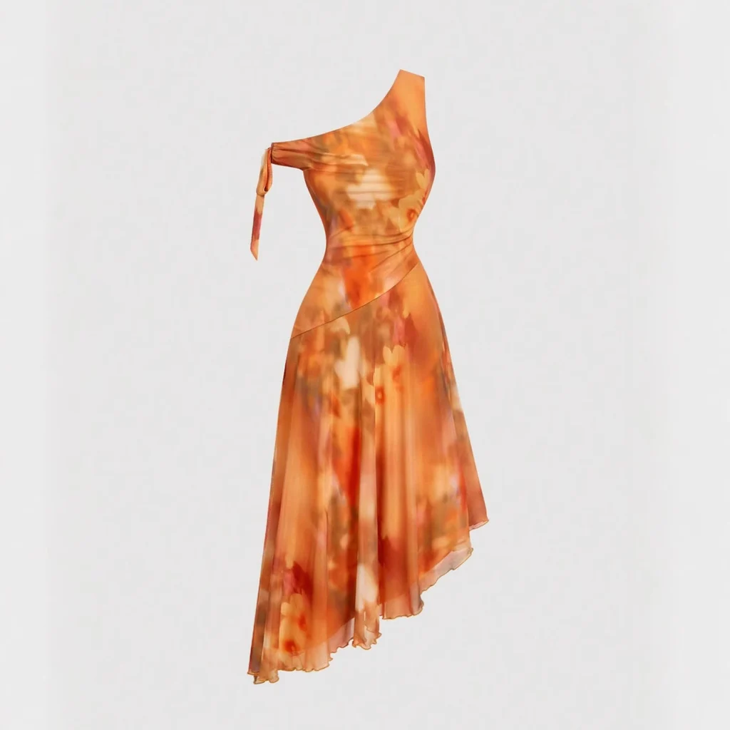 Women's Asymmetric Shoulder Mesh Floral Print Holiday Dress - Orange