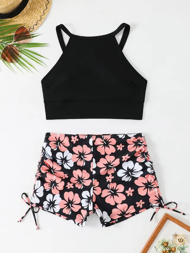 Vest High Waist Drawstring Conservative Split Boxers Bikini Swimsuit Black - Shop at LoveMi