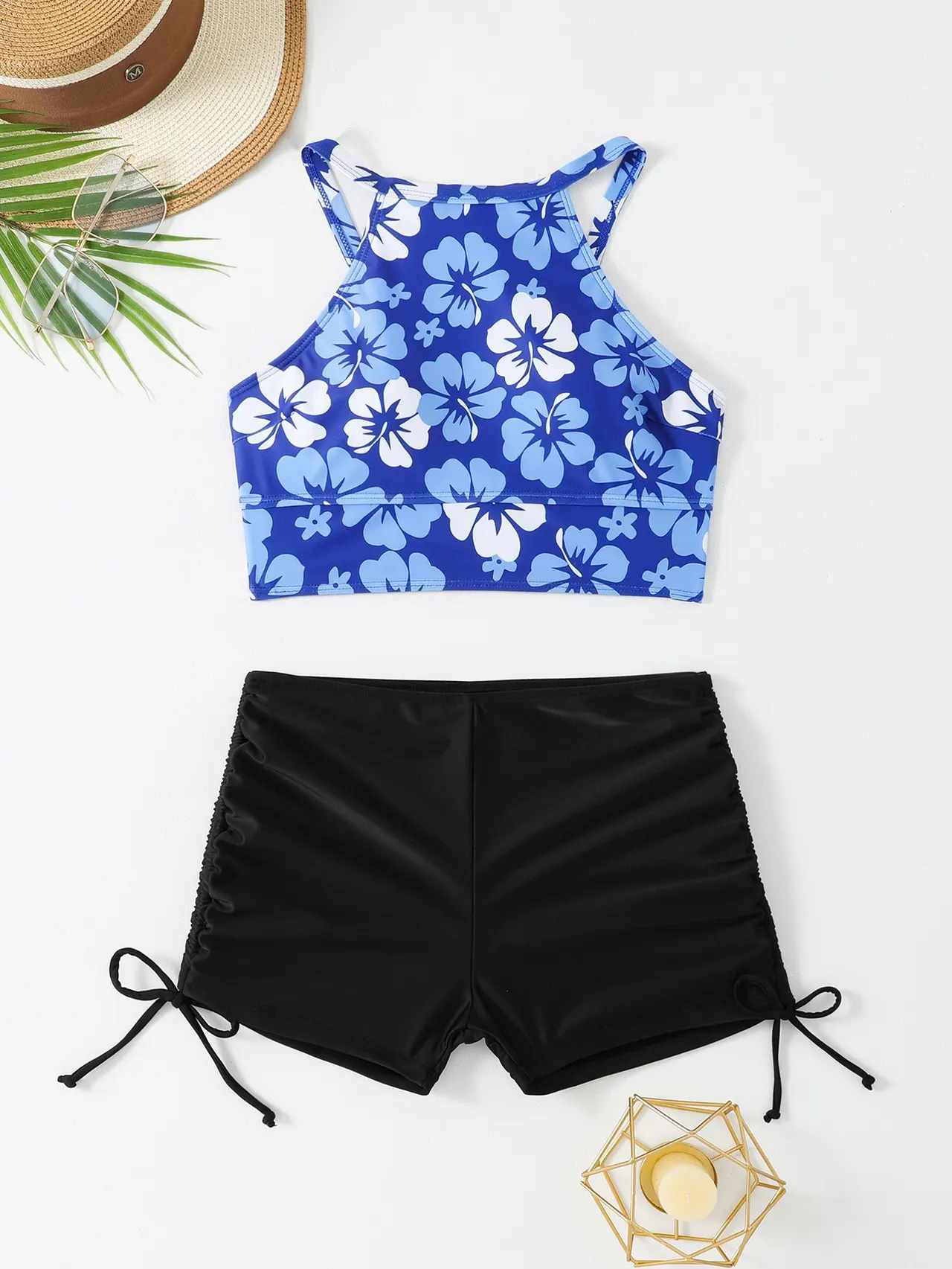 Vest High Waist Drawstring Conservative Split Boxers Bikini Swimsuit - Blue